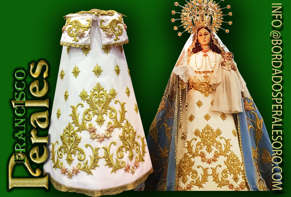 Saya bordada para la Hermandad de Nuestra Señora del Rosario de Torrejón de Ardoz en Madrid.