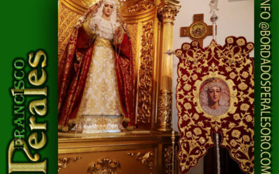 Simpecado bordado realizado para la Hermandad y Cofradía de Nazarenos del Santísimo Cristo Atado a la Columna y María Santísima de las Lágrimas y del Consuelo de Alcalá de Henares.